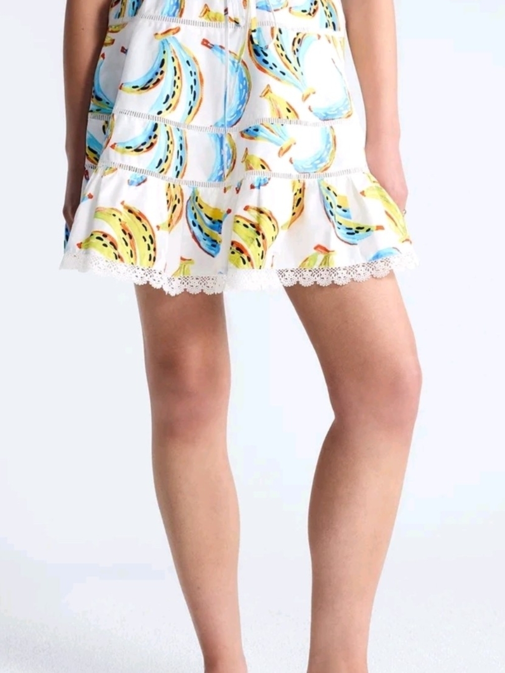 White Tiered Mini Skirt with Colorful Banana Print